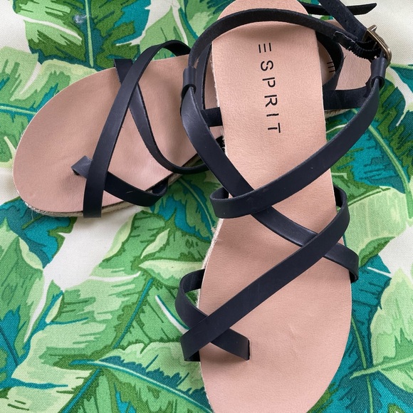 Esprit Judy Espadrille Wedge Sandals Size 9.5 Black Strappy Minimalist Coastal - Picture 2 of 5